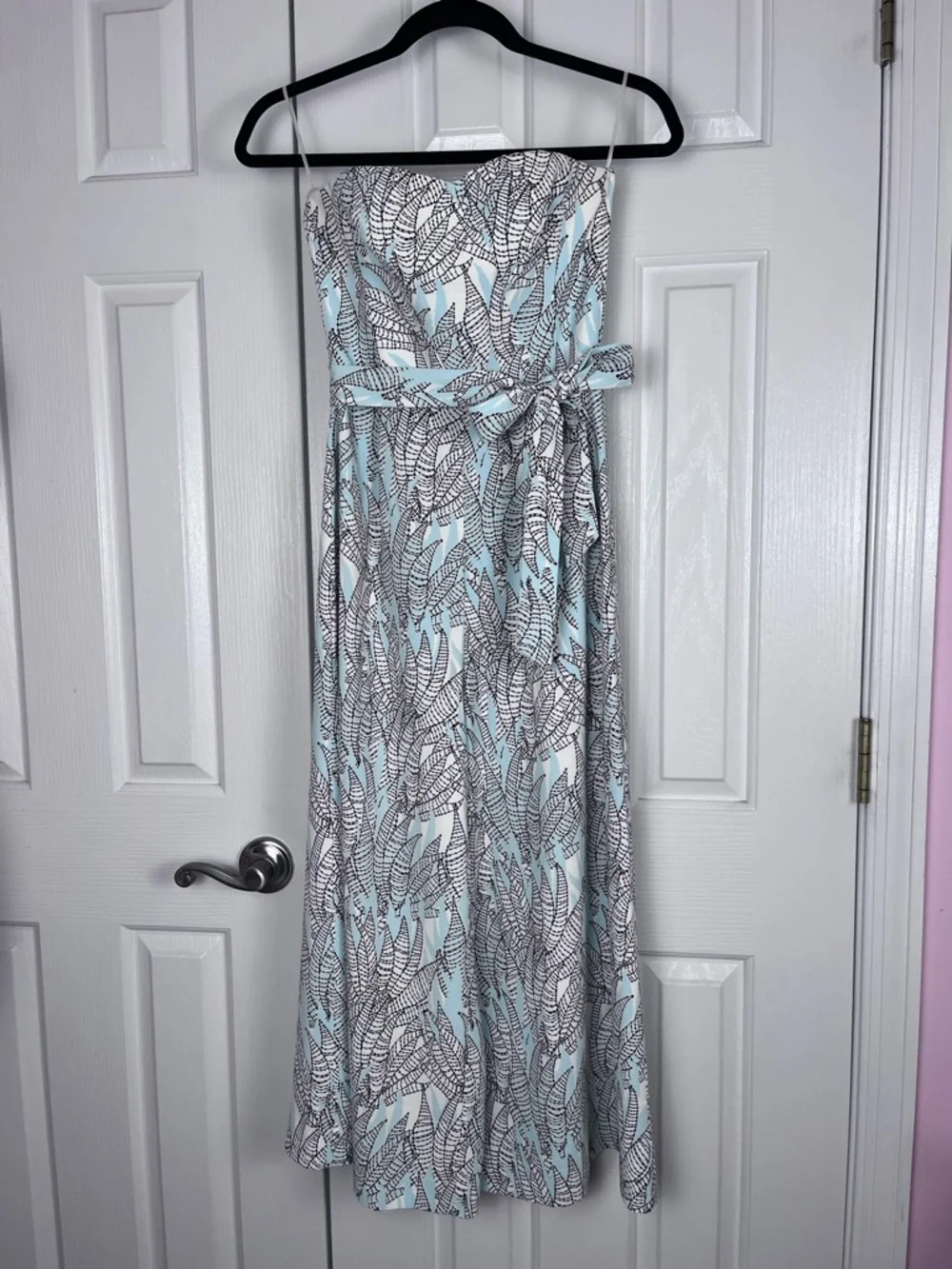 H&M Bandeau Belted Jumpsuit Size 4  Wide Leg Crop Spring Light Blue Leaf Print - Picture 7 of 14